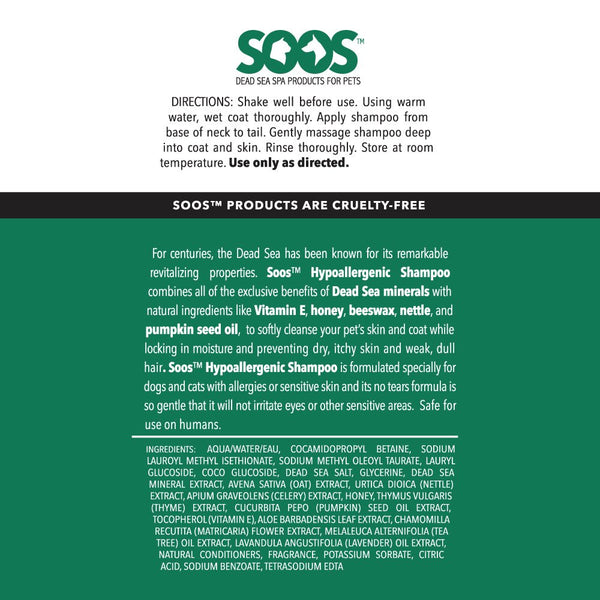 Natural Dead Sea Hypoallergenic Pet Shampoo For Dogs & Cats - Soos Pets